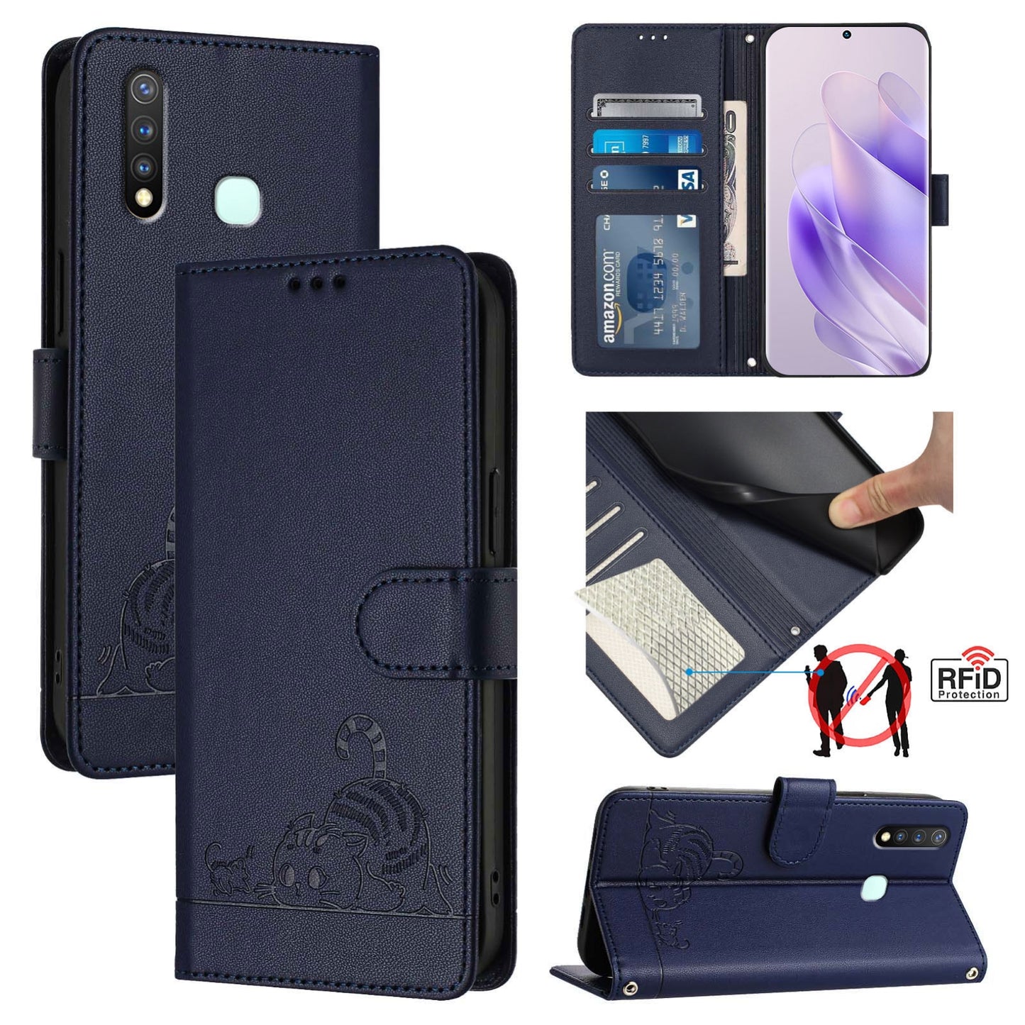 vivo Y5S Cat and Rat Embossed Pattern, RFID Leather Phone Case with Lanyard, Kickstand, and Wallet Features