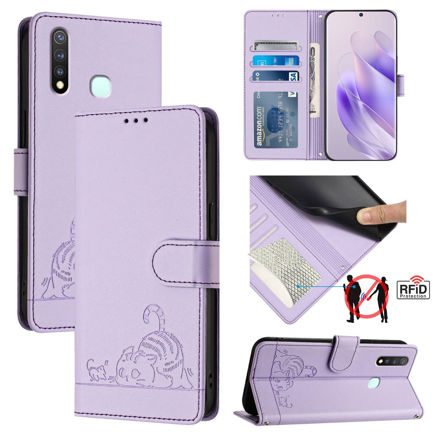 vivo U20 Cat and Rat Embossed Pattern, RFID Leather Phone Case with Lanyard, Kickstand, and Wallet Features