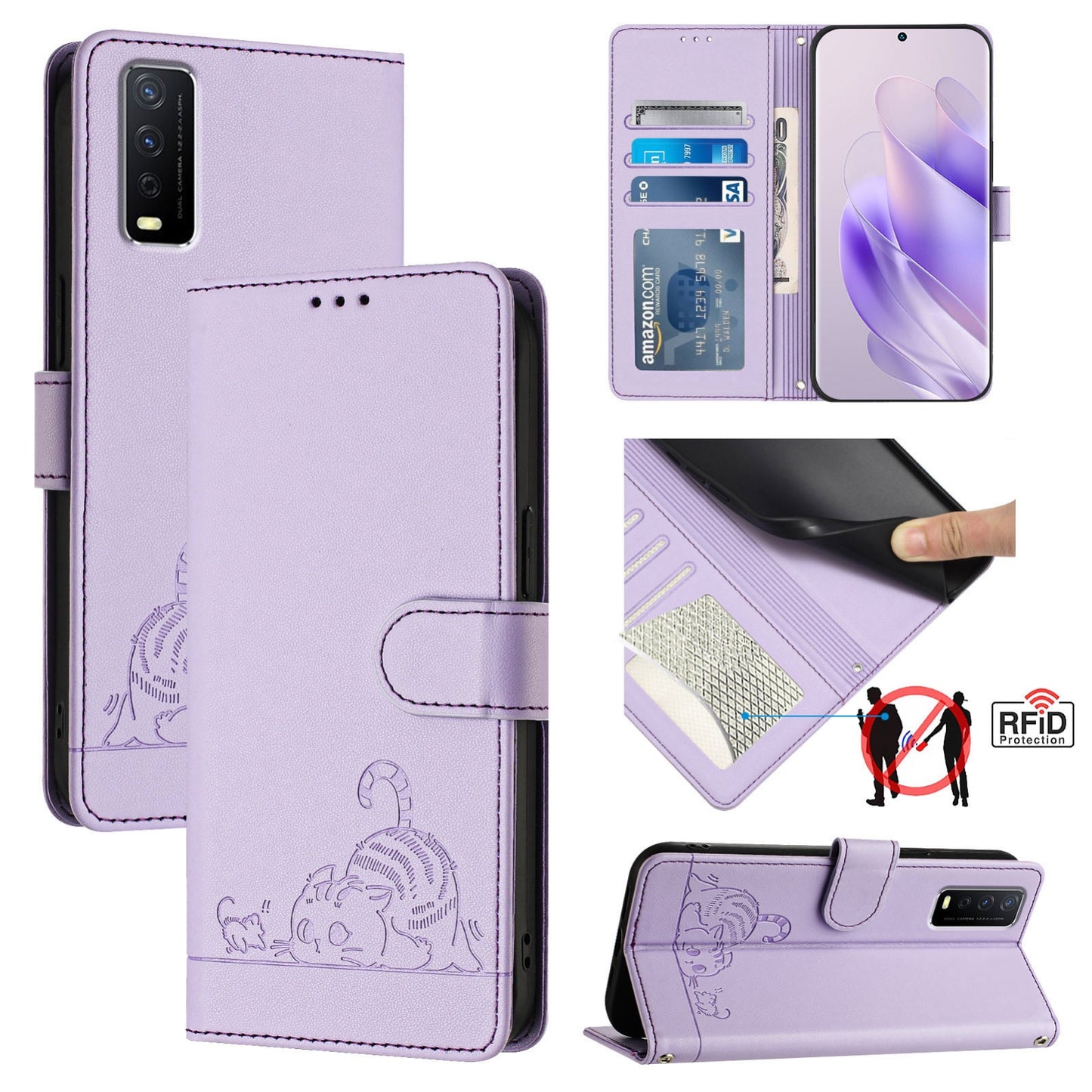 vivo Y20i Cat and Rat Embossed Pattern, RFID Leather Phone Case with Lanyard, Kickstand, and Wallet Features