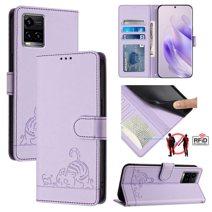 vivo Y33S 4G Global Cat and Rat Embossed Pattern, RFID Leather Phone Case with Lanyard, Kickstand, and Wallet Features