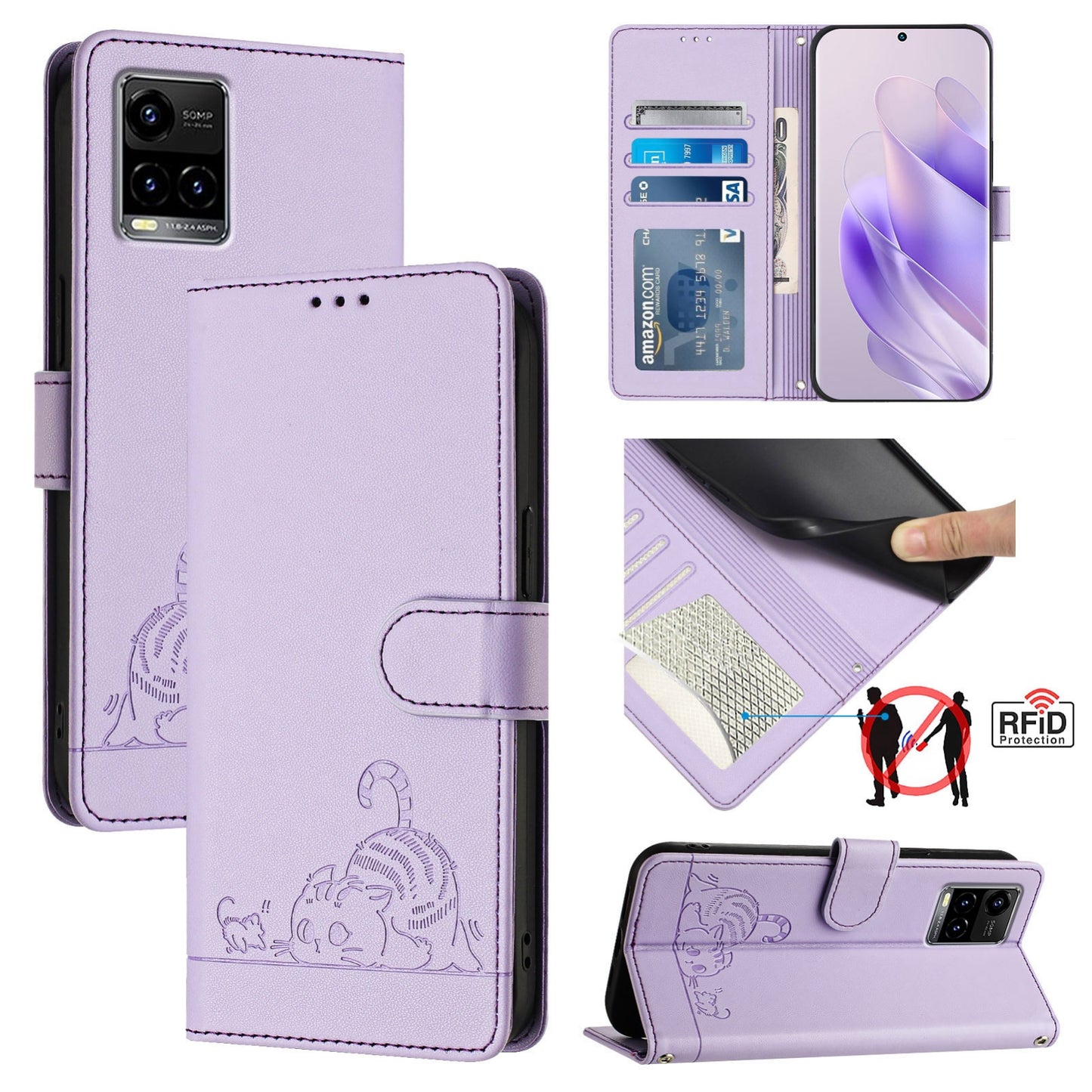 vivo Y21S Cat and Rat Embossed Pattern, RFID Leather Phone Case with Lanyard, Kickstand, and Wallet Features