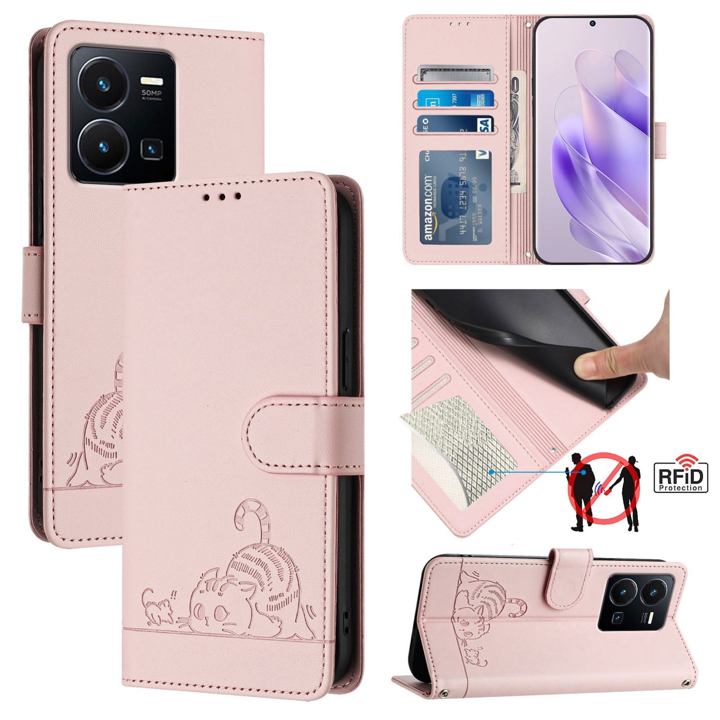 vivo Y35 4G Global Cat and Rat Embossed Pattern, RFID Leather Phone Case with Lanyard, Kickstand, and Wallet Features