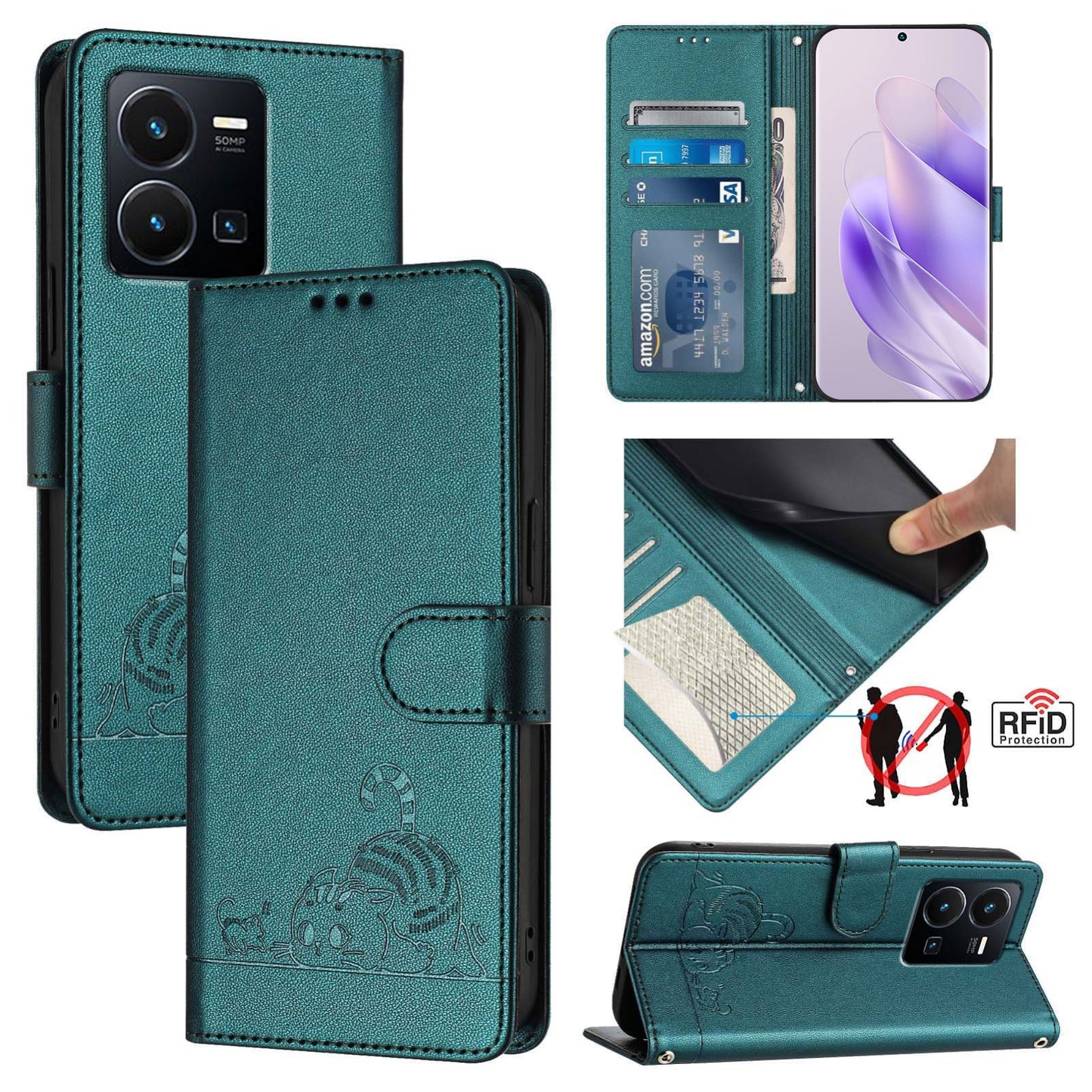 vivo Y35 4G Global Cat and Rat Embossed Pattern, RFID Leather Phone Case with Lanyard, Kickstand, and Wallet Features