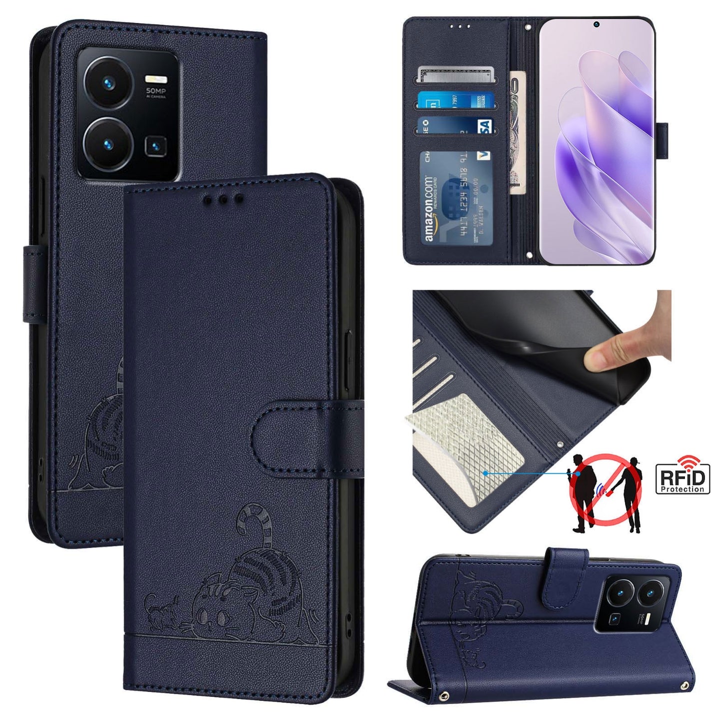 vivo Y35 4G Global Cat and Rat Embossed Pattern, RFID Leather Phone Case with Lanyard, Kickstand, and Wallet Features