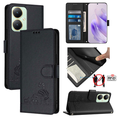 vivo Y27 4G 2023 Global Cat and Rat Embossed Pattern, RFID Leather Phone Case with Lanyard, Kickstand, and Wallet Features