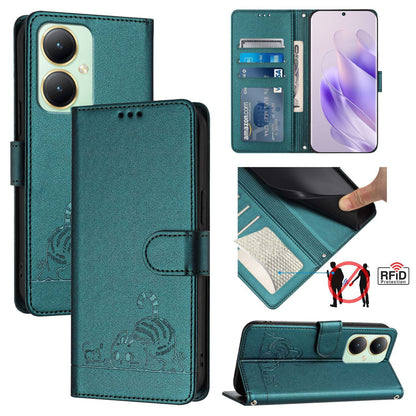 vivo Y27 4G 2023 Global Cat and Rat Embossed Pattern, RFID Leather Phone Case with Lanyard, Kickstand, and Wallet Features