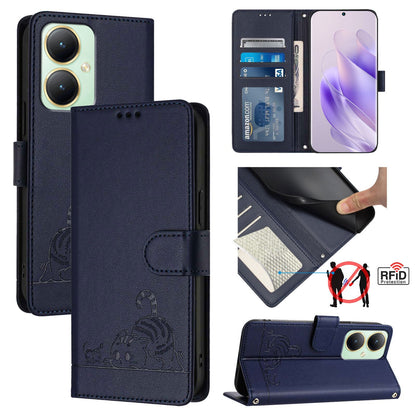 vivo Y27 4G 2023 Global Cat and Rat Embossed Pattern, RFID Leather Phone Case with Lanyard, Kickstand, and Wallet Features