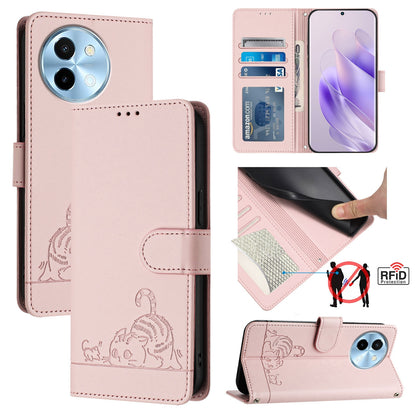 vivo Y38 5G Cat and Rat Embossed Pattern, RFID Leather Phone Case with Lanyard, Kickstand, and Wallet Features