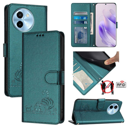 vivo Y38 5G Cat and Rat Embossed Pattern, RFID Leather Phone Case with Lanyard, Kickstand, and Wallet Features