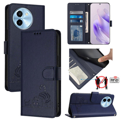 vivo Y38 5G Cat and Rat Embossed Pattern, RFID Leather Phone Case with Lanyard, Kickstand, and Wallet Features