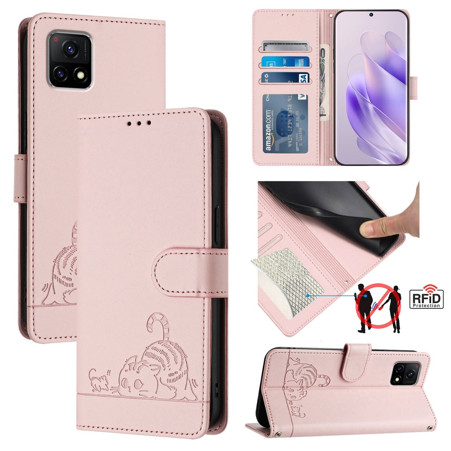 vivo Y52S 5G Cat and Rat Embossed Pattern, RFID Leather Phone Case with Lanyard, Kickstand, and Wallet Features