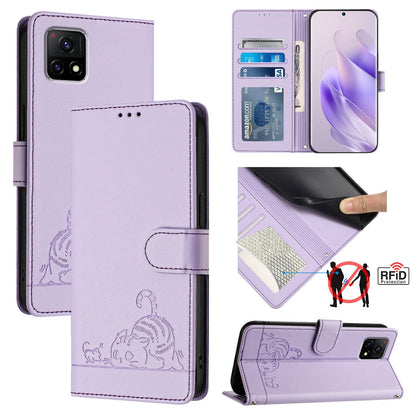 vivo Y52S 5G Cat and Rat Embossed Pattern, RFID Leather Phone Case with Lanyard, Kickstand, and Wallet Features