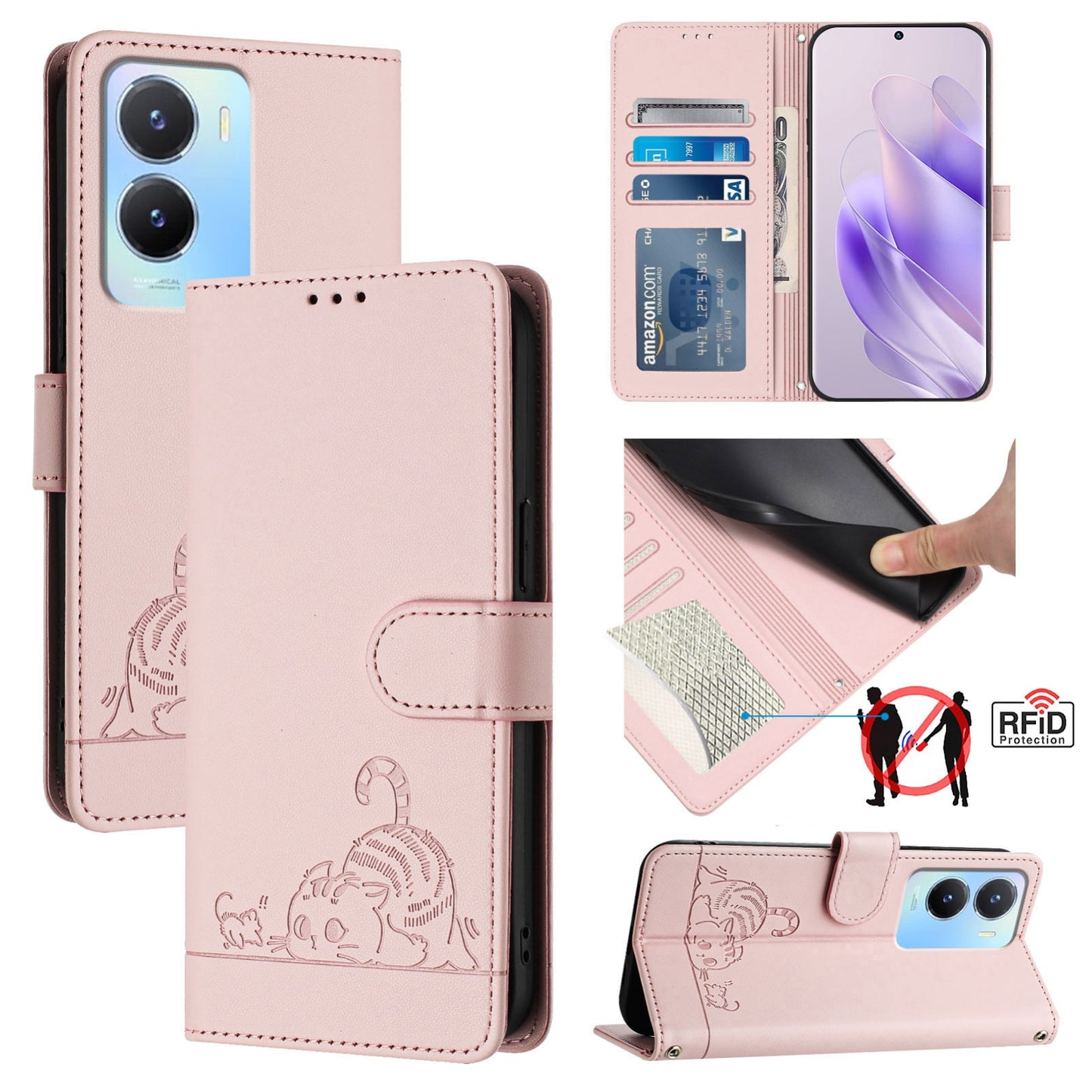 vivo Y56 5G Global Cat and Rat Embossed Pattern, RFID Leather Phone Case with Lanyard, Kickstand, and Wallet Features