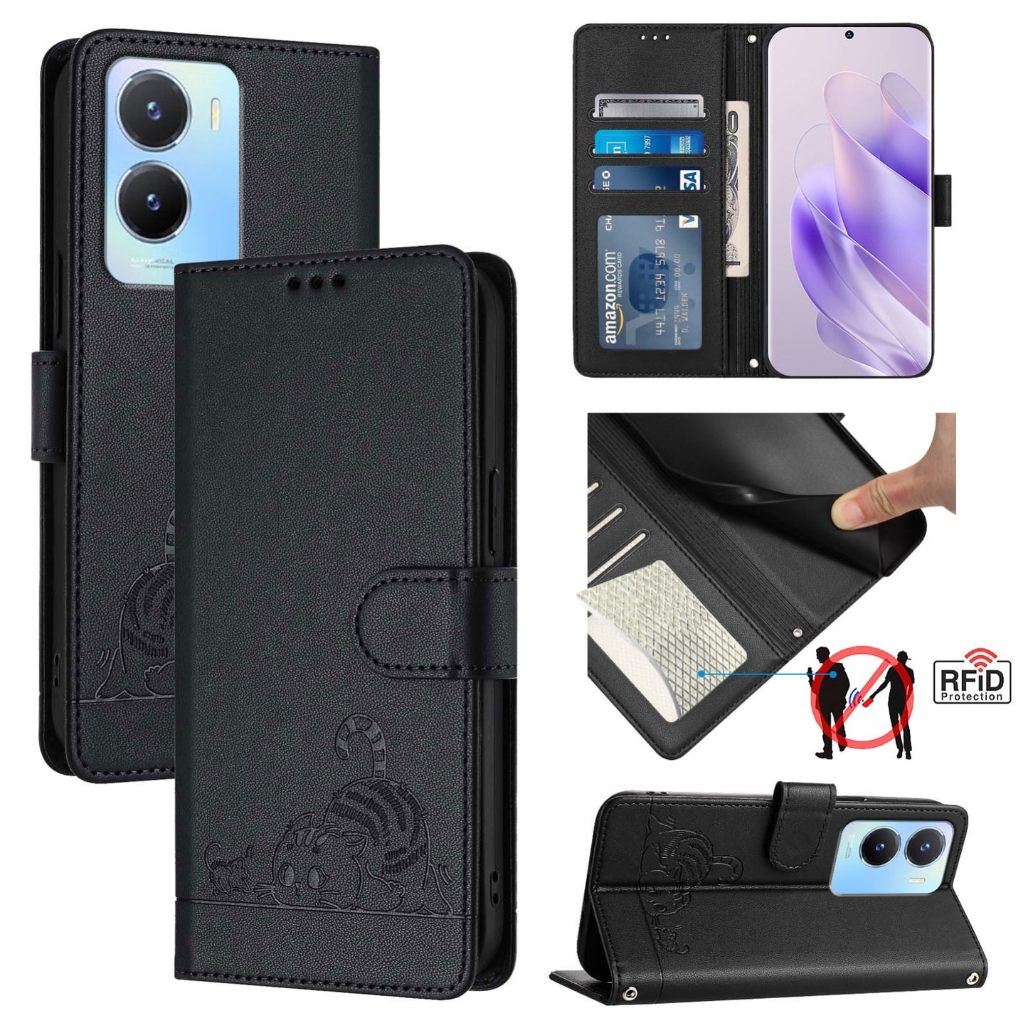 vivo Y56 5G Global Cat and Rat Embossed Pattern, RFID Leather Phone Case with Lanyard, Kickstand, and Wallet Features