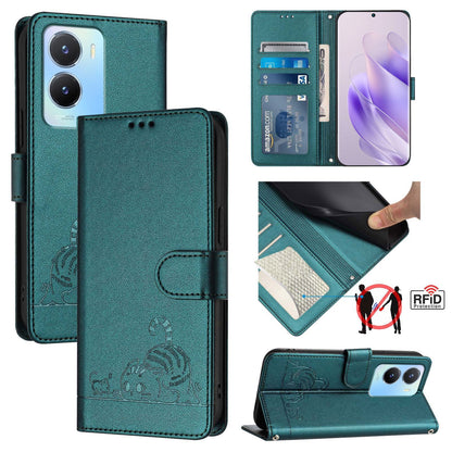 vivo Y56 5G Global Cat and Rat Embossed Pattern, RFID Leather Phone Case with Lanyard, Kickstand, and Wallet Features