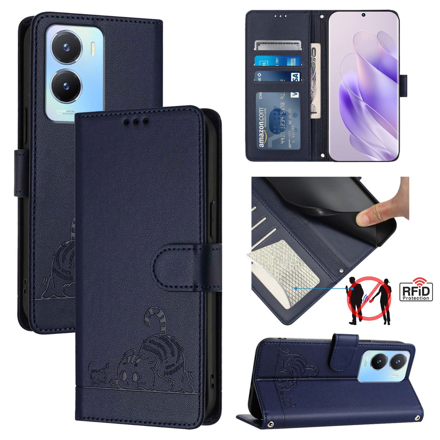 vivo Y56 5G Global Cat and Rat Embossed Pattern, RFID Leather Phone Case with Lanyard, Kickstand, and Wallet Features