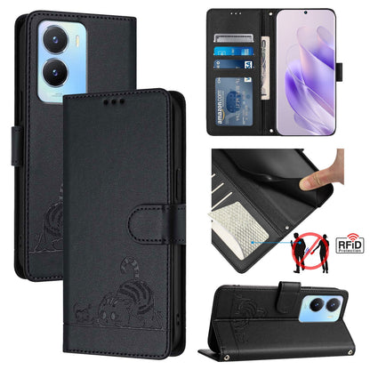 vivo Y16 4G Global Cat and Rat Embossed Pattern, RFID Leather Phone Case with Lanyard, Kickstand, and Wallet Features