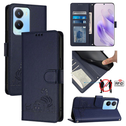 vivo Y16 4G Global Cat and Rat Embossed Pattern, RFID Leather Phone Case with Lanyard, Kickstand, and Wallet Features