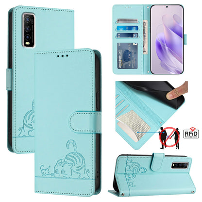 vivo Y70S Cat and Rat Embossed Pattern, RFID Leather Phone Case with Lanyard, Kickstand, and Wallet Features