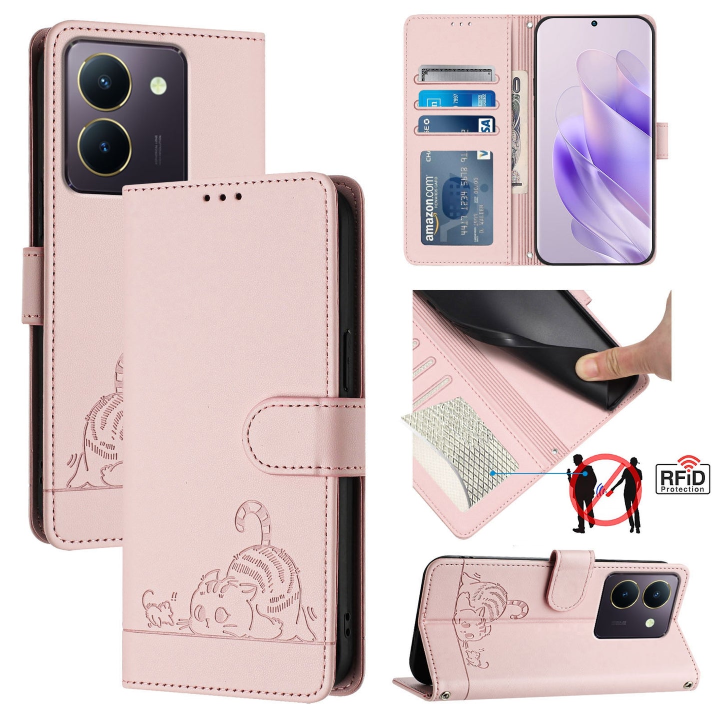 vivo Y36 5G Global Cat and Rat Embossed Pattern, RFID Leather Phone Case with Lanyard, Kickstand, and Wallet Features