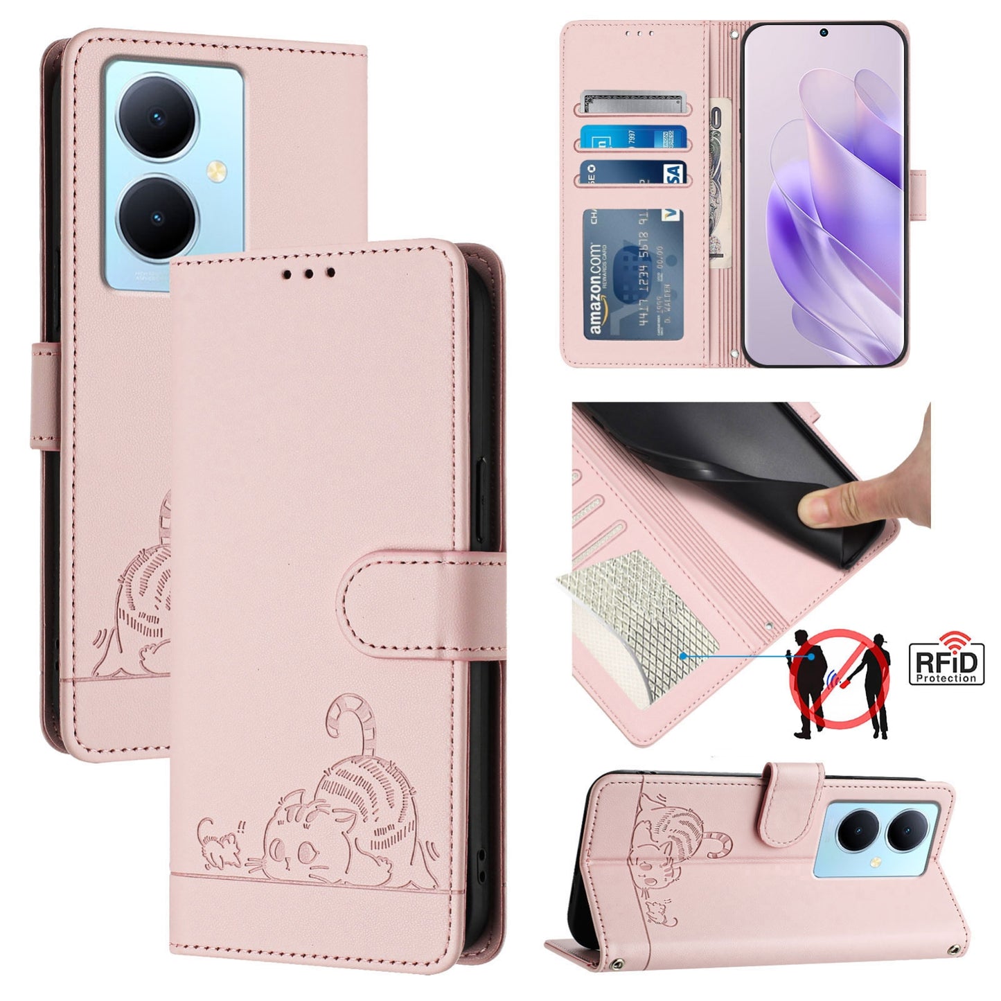 vivo Y78+ 5G Global Cat and Rat Embossed Pattern, RFID Leather Phone Case with Lanyard, Kickstand, and Wallet Features