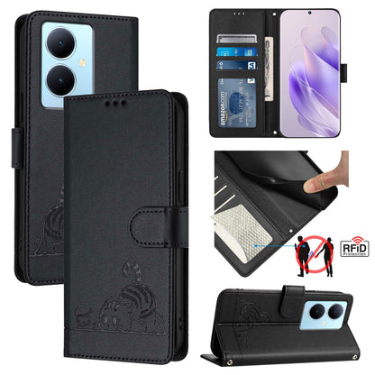 vivo Y78+ 5G Global Cat and Rat Embossed Pattern, RFID Leather Phone Case with Lanyard, Kickstand, and Wallet Features