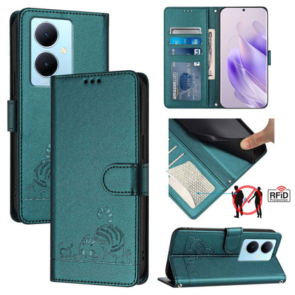 vivo Y78+ 5G Global Cat and Rat Embossed Pattern, RFID Leather Phone Case with Lanyard, Kickstand, and Wallet Features