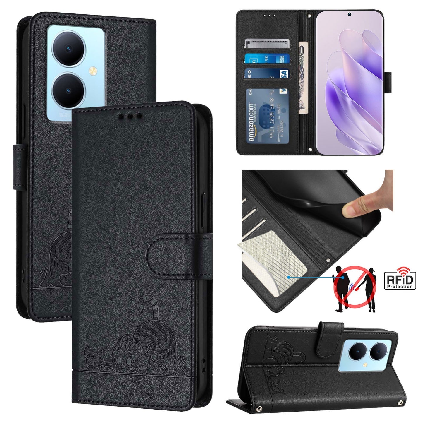 vivo V29 Lite Cat and Rat Embossed Pattern, RFID Leather Phone Case with Lanyard, Kickstand, and Wallet Features