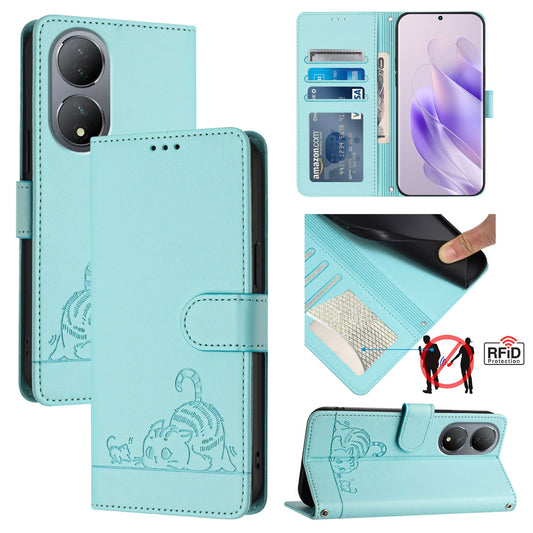 vivo Y100 5G Global Cat and Rat Embossed Pattern, RFID Leather Phone Case with Lanyard, Kickstand, and Wallet Features