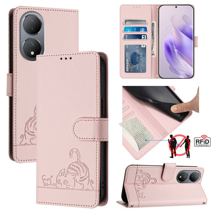 vivo Y100 5G Global Cat and Rat Embossed Pattern, RFID Leather Phone Case with Lanyard, Kickstand, and Wallet Features