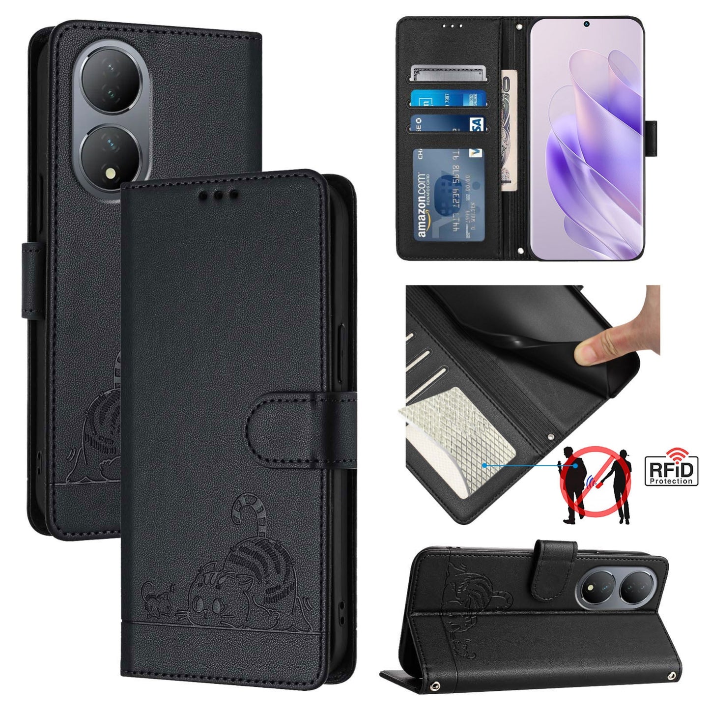 vivo Y100 5G Global Cat and Rat Embossed Pattern, RFID Leather Phone Case with Lanyard, Kickstand, and Wallet Features