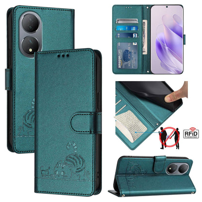 vivo Y100 5G Global Cat and Rat Embossed Pattern, RFID Leather Phone Case with Lanyard, Kickstand, and Wallet Features