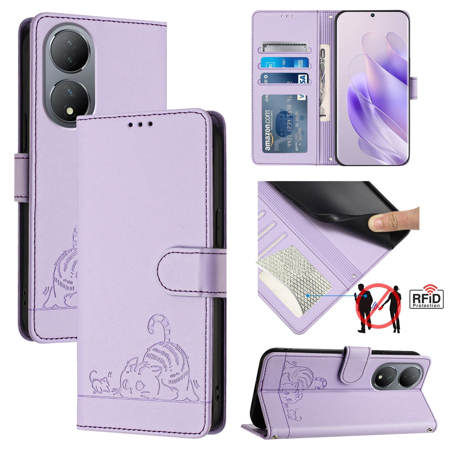 vivo Y100 5G Global Cat and Rat Embossed Pattern, RFID Leather Phone Case with Lanyard, Kickstand, and Wallet Features