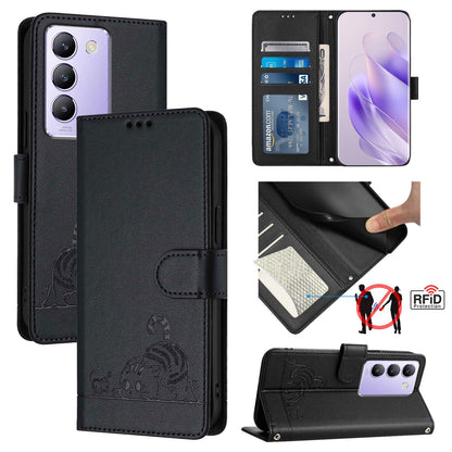 vivo Y100 5G IDN Cat and Rat Embossed Pattern, RFID Leather Phone Case with Lanyard, Kickstand, and Wallet Features