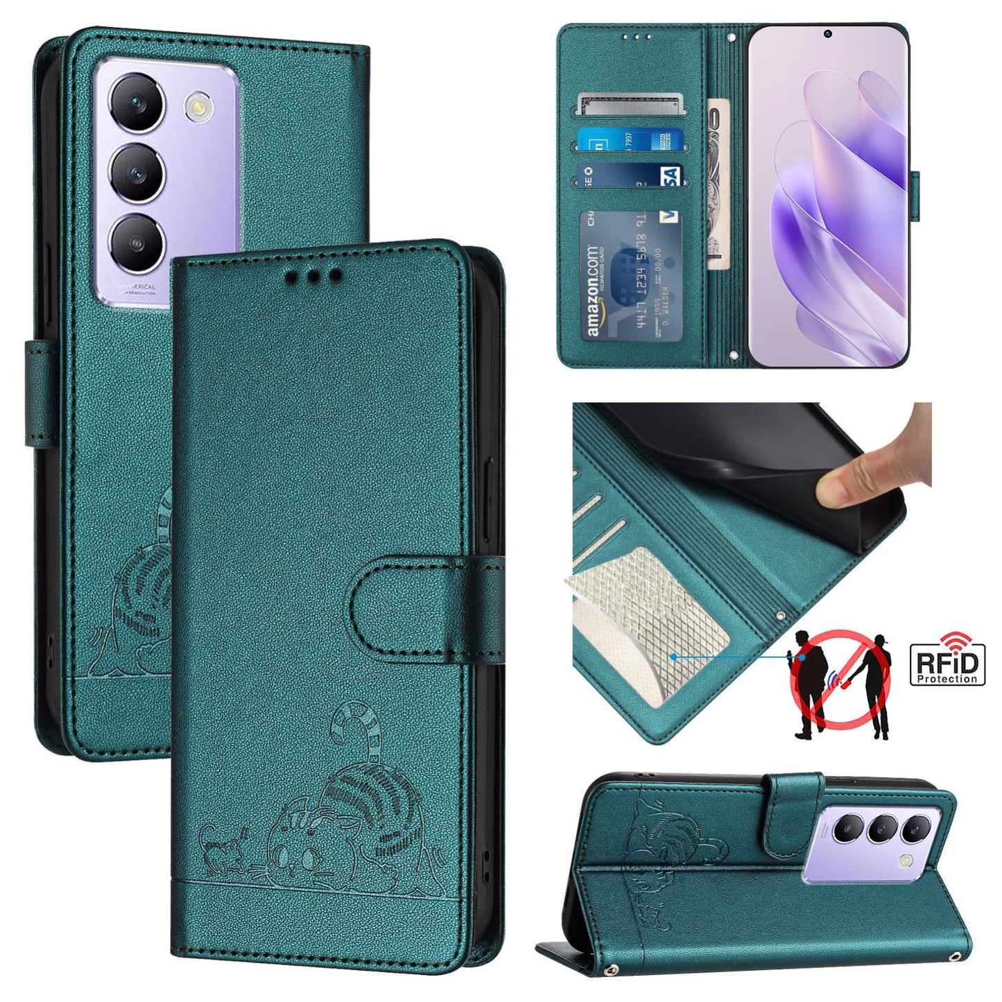 vivo Y100 5G IDN Cat and Rat Embossed Pattern, RFID Leather Phone Case with Lanyard, Kickstand, and Wallet Features