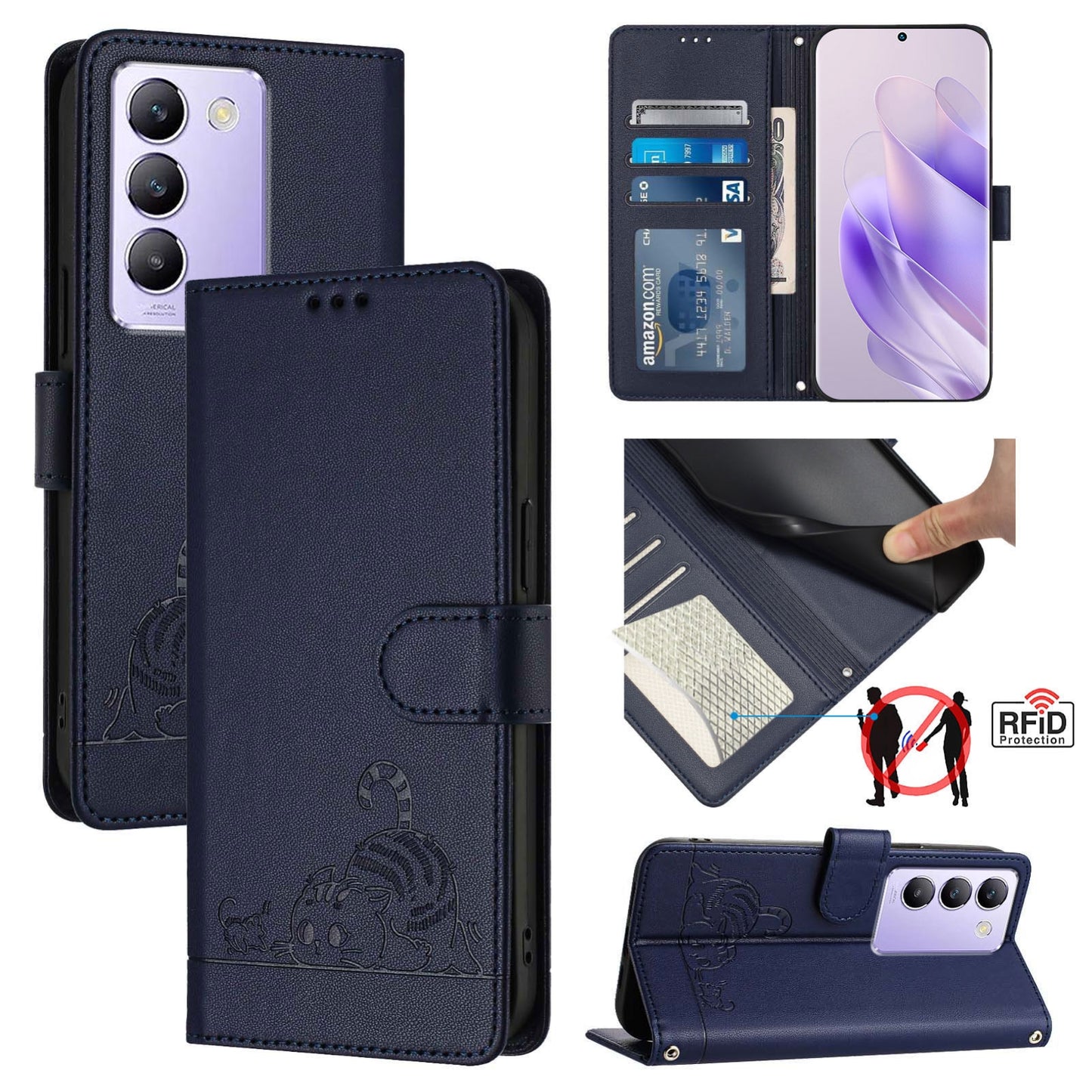 vivo Y100 5G IDN Cat and Rat Embossed Pattern, RFID Leather Phone Case with Lanyard, Kickstand, and Wallet Features