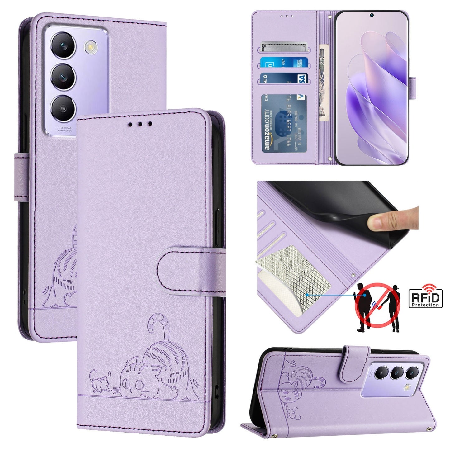 vivo Y100 5G IDN Cat and Rat Embossed Pattern, RFID Leather Phone Case with Lanyard, Kickstand, and Wallet Features