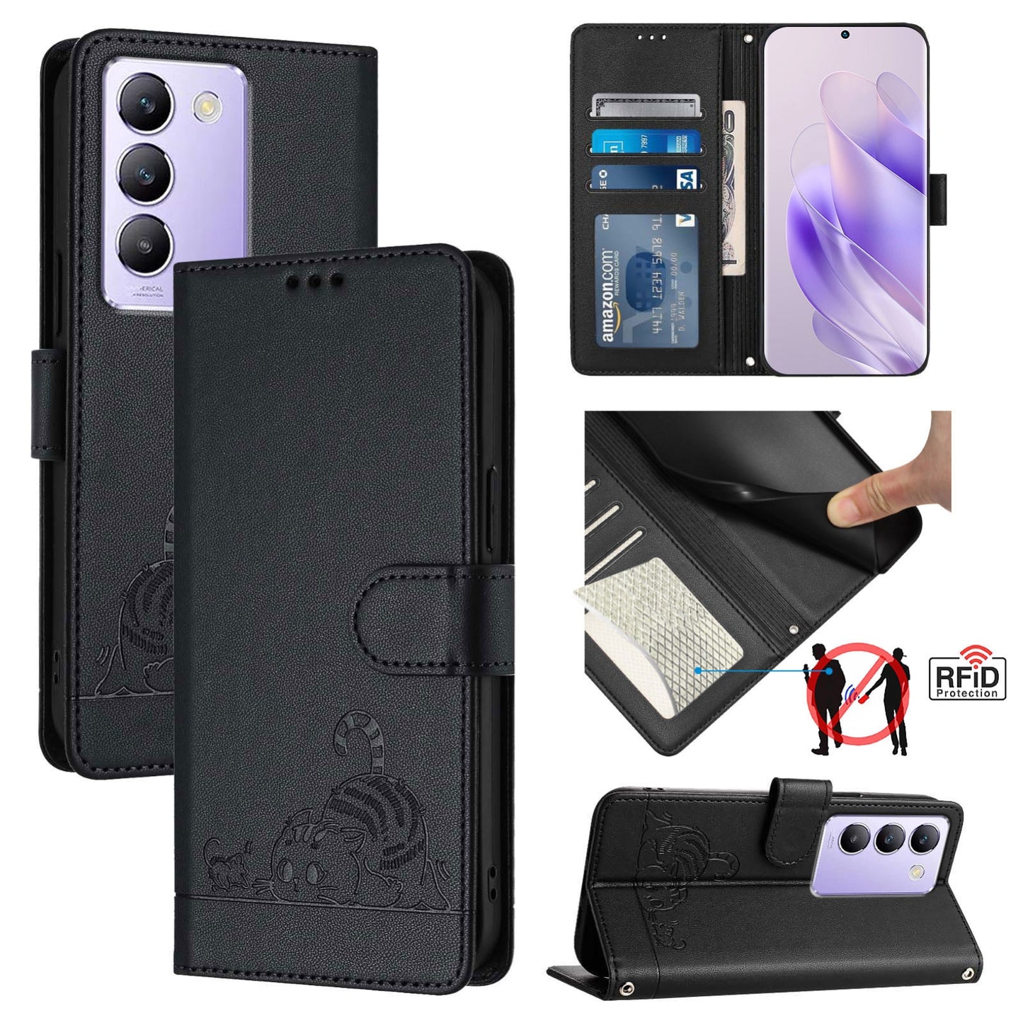 vivo Y200E 5G Global Cat and Rat Embossed Pattern, RFID Leather Phone Case with Lanyard, Kickstand, and Wallet Features