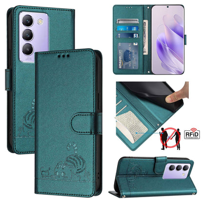 vivo Y200E 5G Global Cat and Rat Embossed Pattern, RFID Leather Phone Case with Lanyard, Kickstand, and Wallet Features