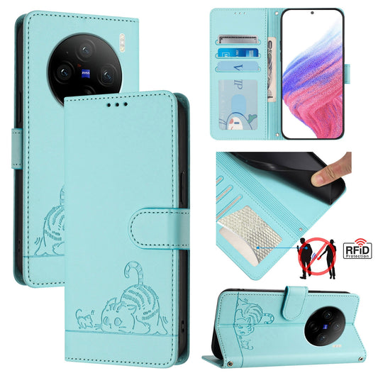 vivo X100 Cat and Rat Embossed Pattern, RFID Leather Phone Case with Lanyard, Kickstand, and Wallet Features