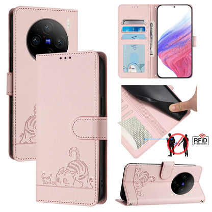 vivo X100 Cat and Rat Embossed Pattern, RFID Leather Phone Case with Lanyard, Kickstand, and Wallet Features