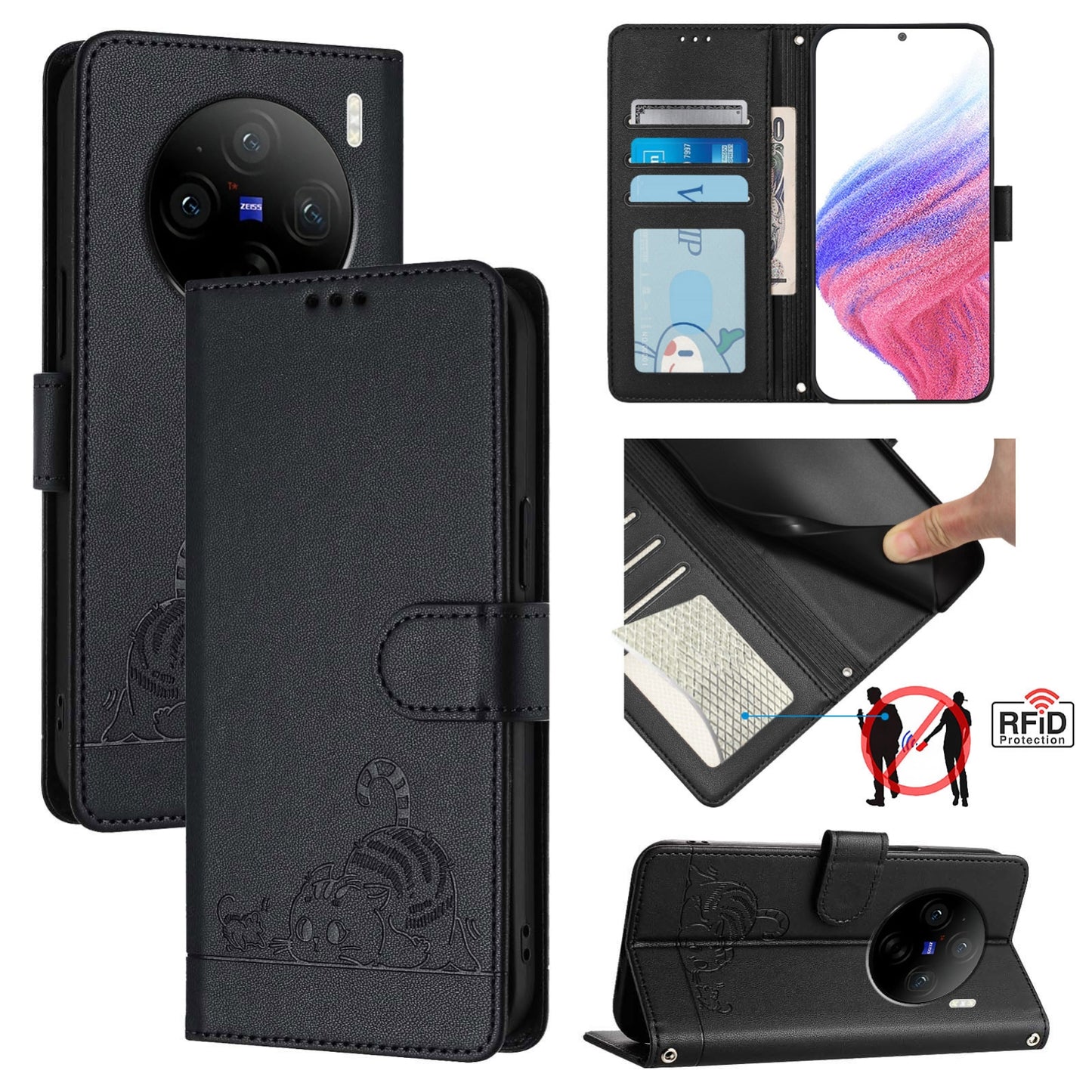 vivo X100 Cat and Rat Embossed Pattern, RFID Leather Phone Case with Lanyard, Kickstand, and Wallet Features