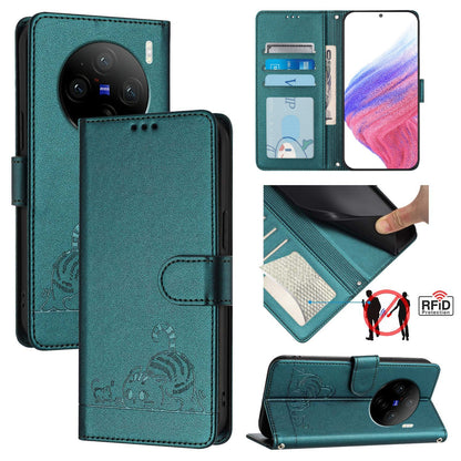 vivo X100 Cat and Rat Embossed Pattern, RFID Leather Phone Case with Lanyard, Kickstand, and Wallet Features