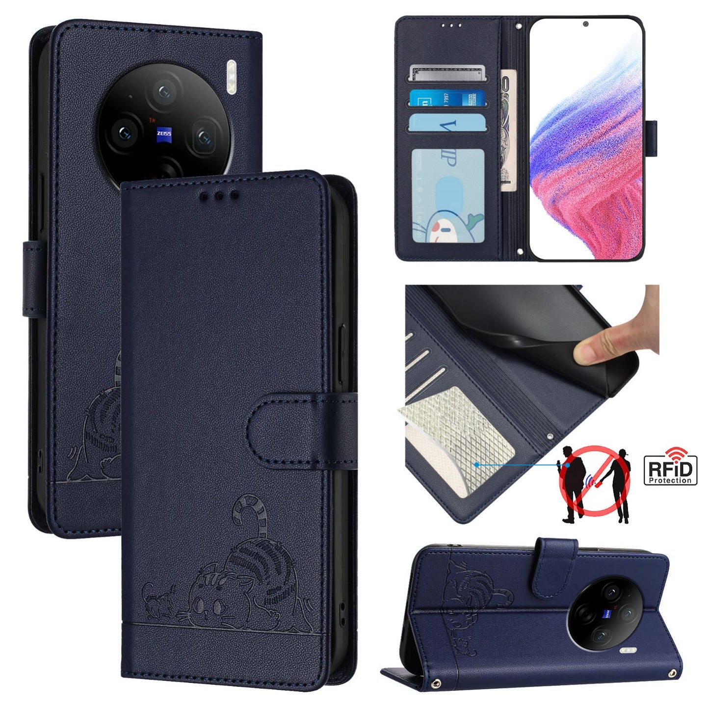 vivo X100 Cat and Rat Embossed Pattern, RFID Leather Phone Case with Lanyard, Kickstand, and Wallet Features