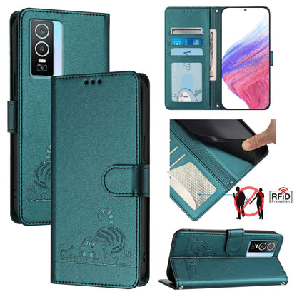 vivo Y76 5G Cat and Rat Embossed Pattern, RFID Leather Phone Case with Lanyard, Kickstand, and Wallet Features