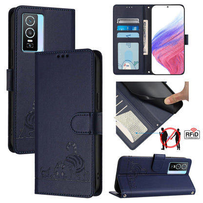 vivo Y76 5G Cat and Rat Embossed Pattern, RFID Leather Phone Case with Lanyard, Kickstand, and Wallet Features