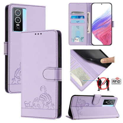 vivo Y76 5G Cat and Rat Embossed Pattern, RFID Leather Phone Case with Lanyard, Kickstand, and Wallet Features