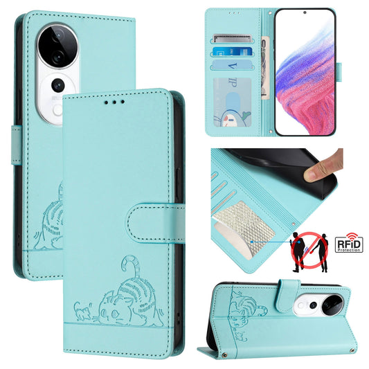 vivo S19 Pro Cat and Rat Embossed Pattern, RFID Leather Phone Case with Lanyard, Kickstand, and Wallet Features