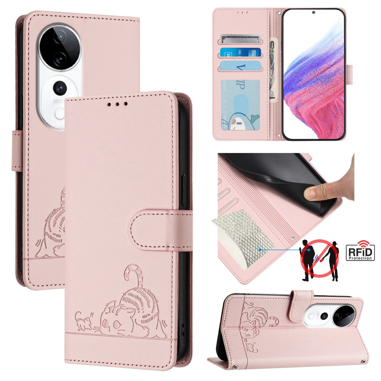 vivo S19 Pro Cat and Rat Embossed Pattern, RFID Leather Phone Case with Lanyard, Kickstand, and Wallet Features