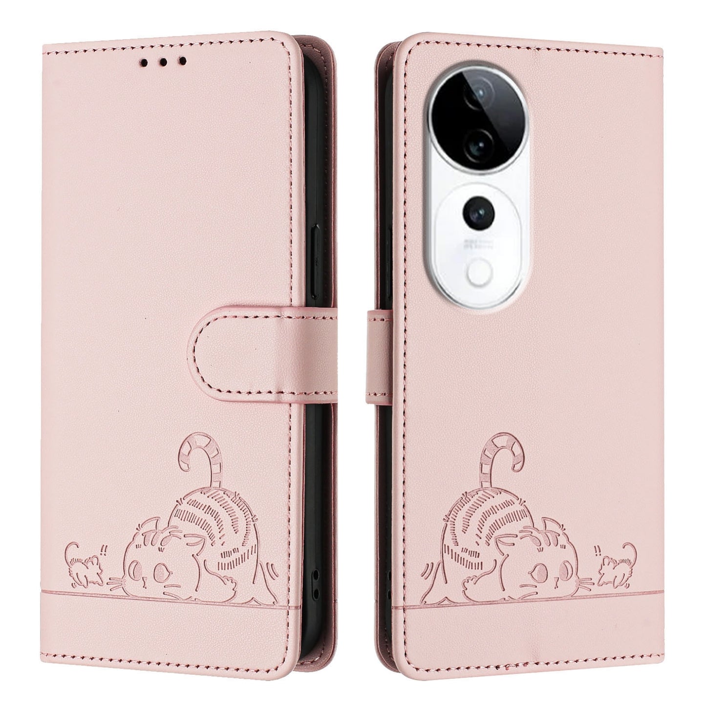 vivo S19 Pro Cat and Rat Embossed Pattern, RFID Leather Phone Case with Lanyard, Kickstand, and Wallet Features